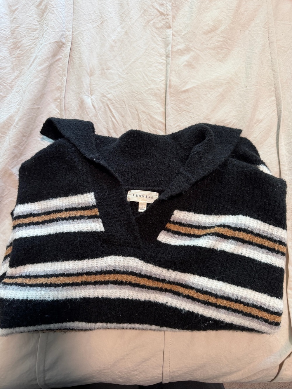 Women’s Black, Brown, Gray and White Stripped Hooded Sweater - Size L